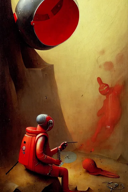 Image similar to hieronymus bosch, greg rutkowski, anna podedworna, painting of a red spacesuit with a large backpack and a large mirrored visor, crawling out of a vent in a space ship