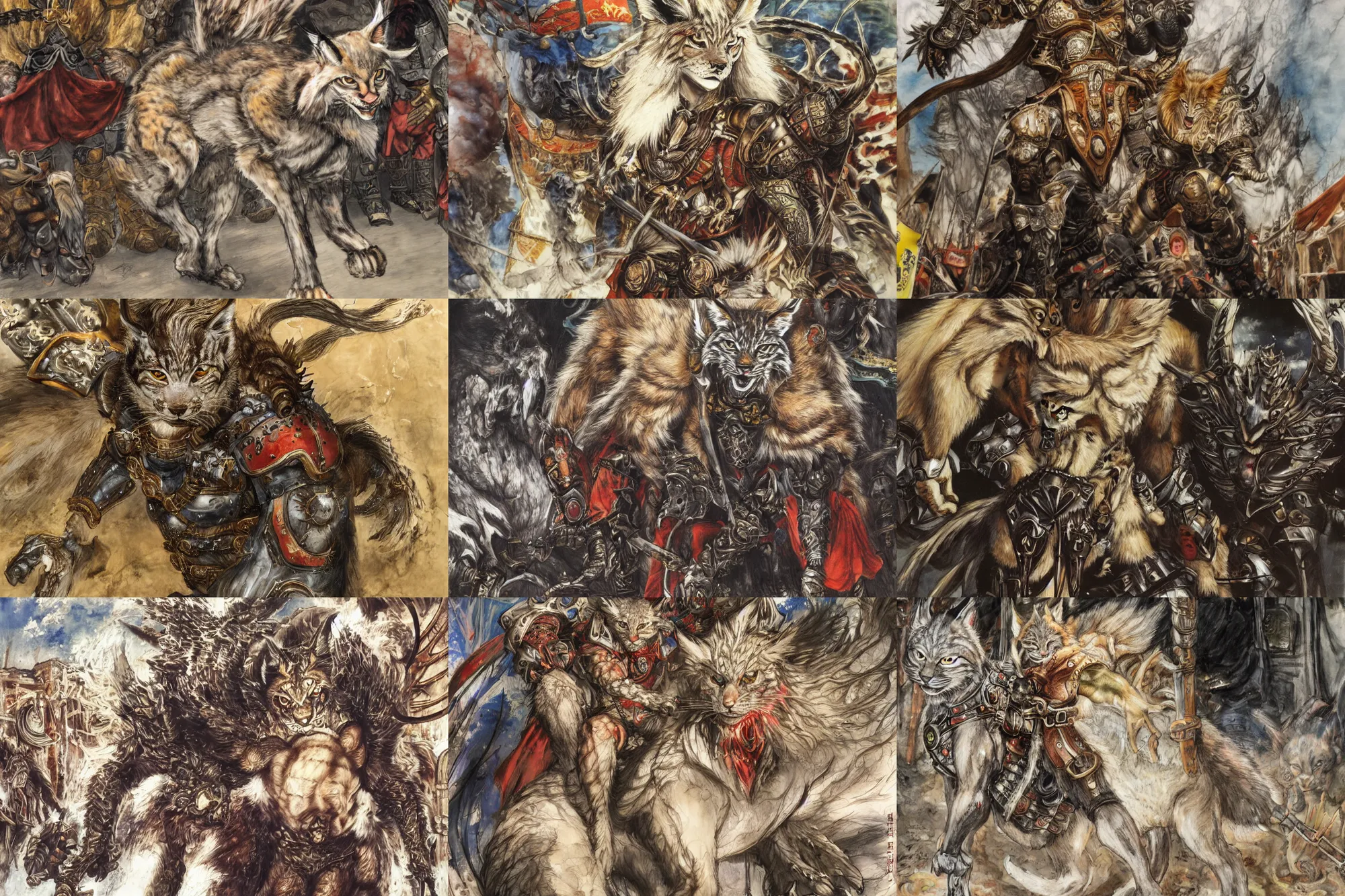 Image similar to 8k Yoshitaka Amano painting of upper body of a young cool looking lynx beast-man with white mane at a medieval market at windy day. Depth of field. He is wearing complex fantasy armors. He has huge paws. Renaissance style lighting.