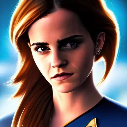 Prompt: a full body portrait of emma watson as a star fleet officer from star trek next generation, ultra rendered extreme realism and detail, 8 k, highly detailed, realistic, completely framed, hyper realistic, colorful, direct lighting, 3 5 mm photo, photorealistic, sharp focus