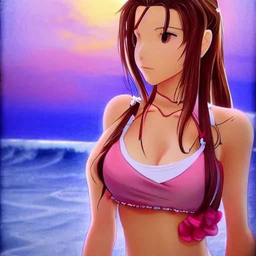 Image similar to beautiful aerith from final fantasy in a bikini on the beach making eye contact drawn by keith garvey