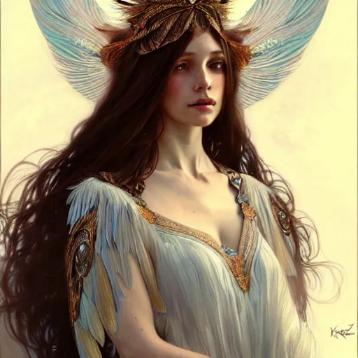 Prompt: Portrait of a winged girl angel wearing an intricate feather headdress, fantasy, intricate, elegant, highly detailed, digital painting, artstation, concept art, smooth, sharp focus, illustration, art by Krenz Cushart and Artem Demura and alphonse mucha