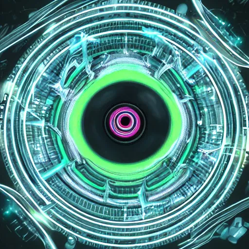 Image similar to horizontal centered neon cyberpunk distortion field electron eyeball with concentric data rings around it, glowing, fantasy, networking, camera shutter iris, singularity, clouds, circuitry, explosion, dramatic, intricate, elegant, highly detailed, digital painting, network, artstation, concept art, smooth, sharp focus, illustration, octane render