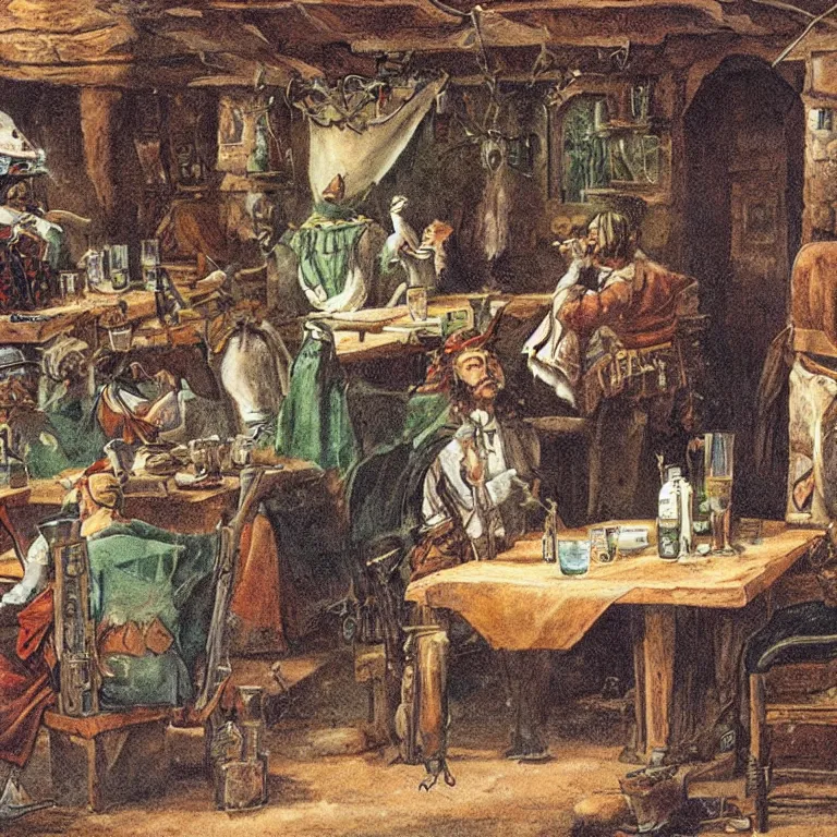Image similar to a single emu in a tavern, fantasy rpg book illustration