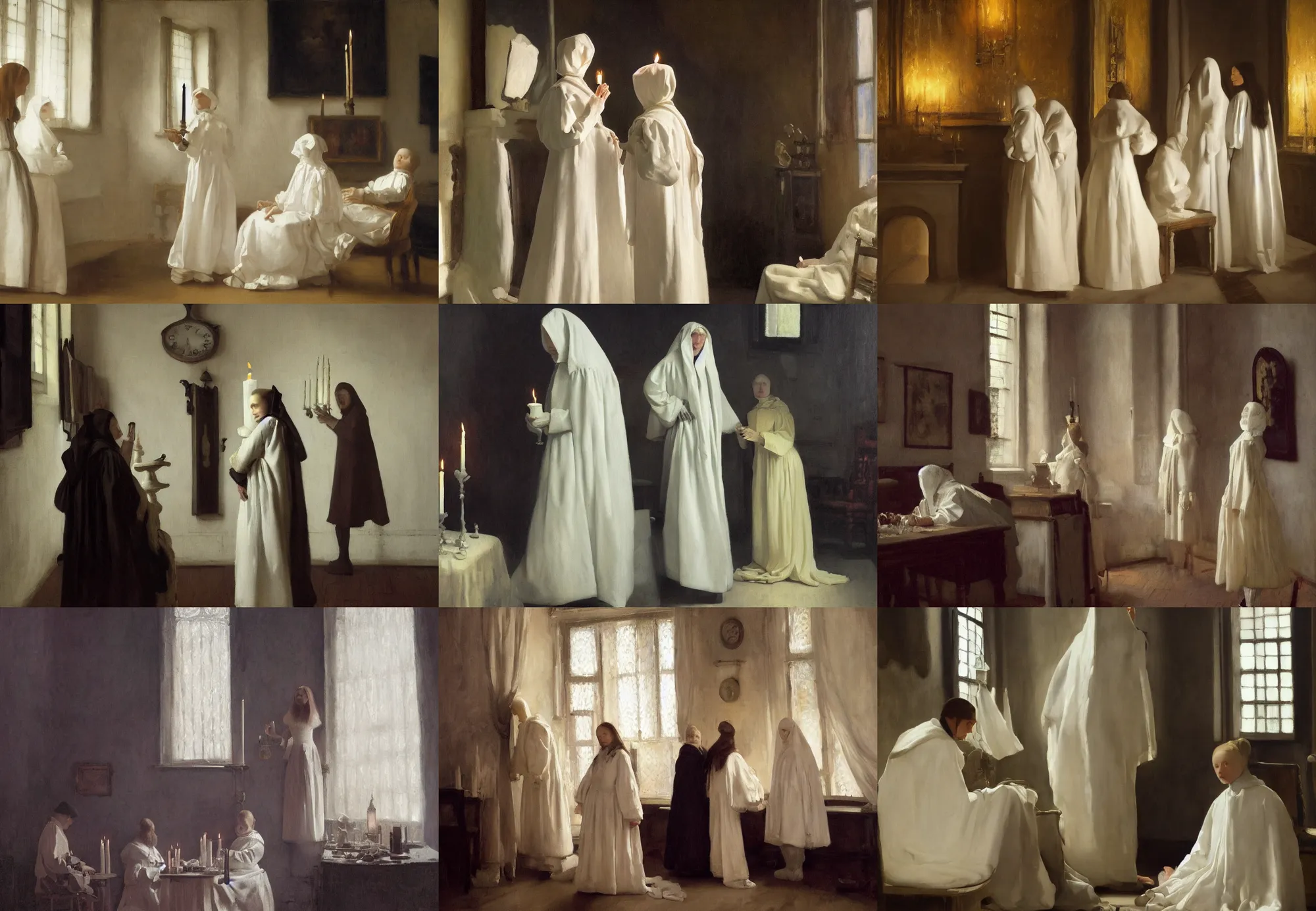 Image similar to painting of white human figures, dark academia aesthetic, victorian doctors, Hogwarts, magic vibes, hard lighting, by, by John Ward, by Arthur Walker, by Vermeer, by Monet, oil on canvas, Royal Academy, candles, dark masterpiece, trending on artstation, cinematic composition, dramatic pose, beautiful lighting, sharp