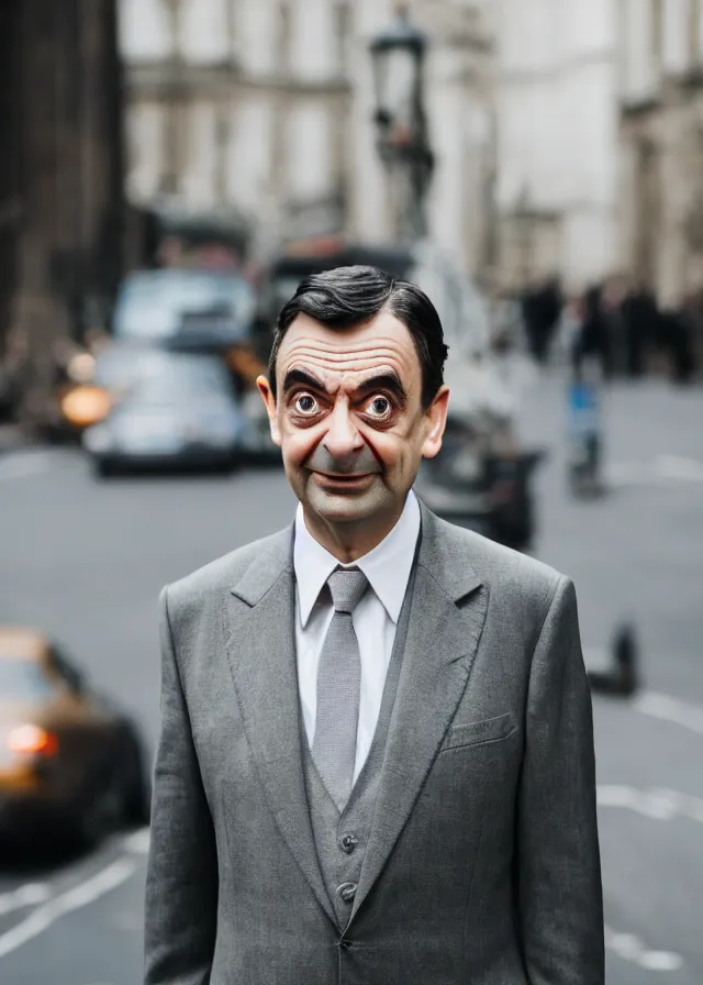 Image similar to close up photo of mr bean as james bond in london, 4 0 mm f / 2. 8, cinematic, cool, anamorphic, dramatic