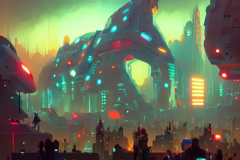 Prompt: crowded place, many people, gathering, people, cyberpunk, bionics, augments, lights, cables, colorful, vivid, imposing, epic, digital painting, artstation, concept art, by peter mohrbacher and wlop and rhads,