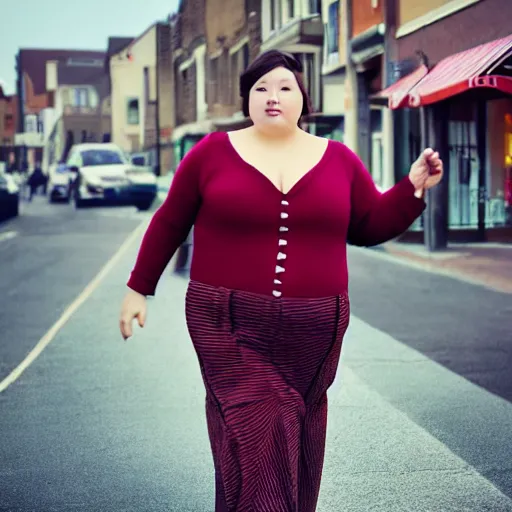 Image similar to a giant beautiful chubby well - dressed woman walking around a small town, photo, realistic