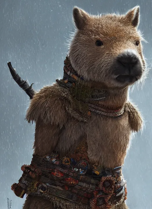 Image similar to detailed full body concept art illustration soft focus oil painting on canvas of an anthropomorphic capybara druid in full intricate clothing, biomutant, dystopian, micro detail, octane render, 4K