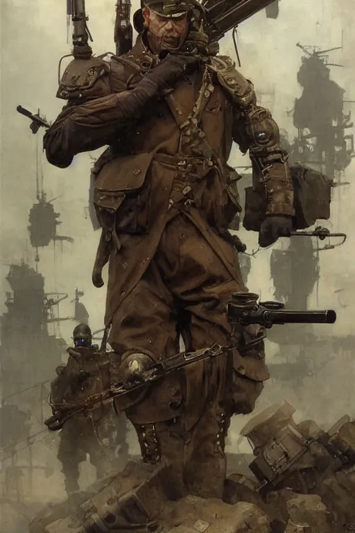 Image similar to dieselpunk military character concept art, painted by ruan jia, raymond swanland, lawrence alma tadema, zdzislaw beksinski, norman rockwell, jack kirby, tom lovell, alex malveda, greg staples