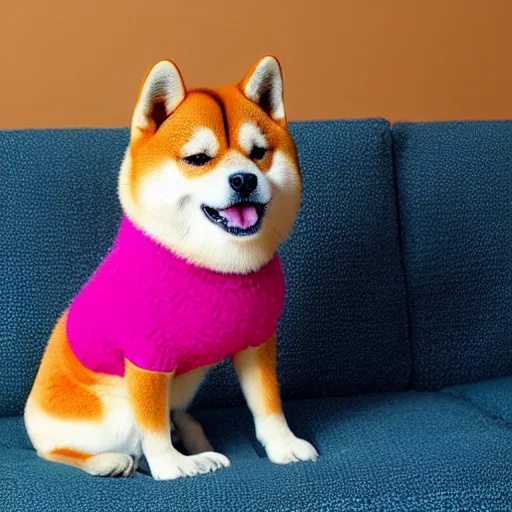 Prompt: portrait of a shiba inu wearing a bright 8 0 s sweater sitting on a couch