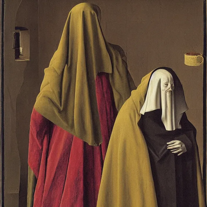 Image similar to an alien wearing a hooded cloak, by Jan van Eyck