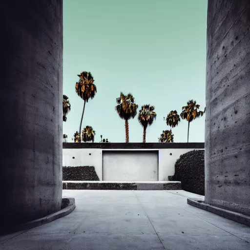 Image similar to noisy color photograph of a concrete underground retrofuturist liminal space, staggered terraces, centered palm tree growing out of concrete, deformations, minimalist, concrete sky, cinematic, soft vintage glow