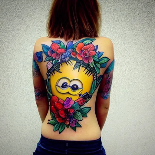 Prompt: tattoo of minion on female back, epic, colorful, beautiful, intricate detail