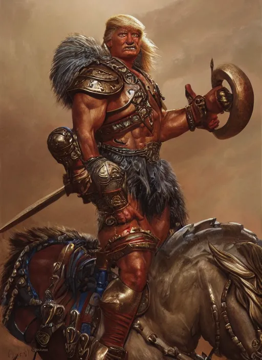 Prompt: portrait, muscular gladiator donald trump warrior, heavy bronze breastplate, by donato giancola, wayne reynolds, jeff easley dramatic light, high detail, cinematic lighting, artstation, dungeons and dragons, in the mountains