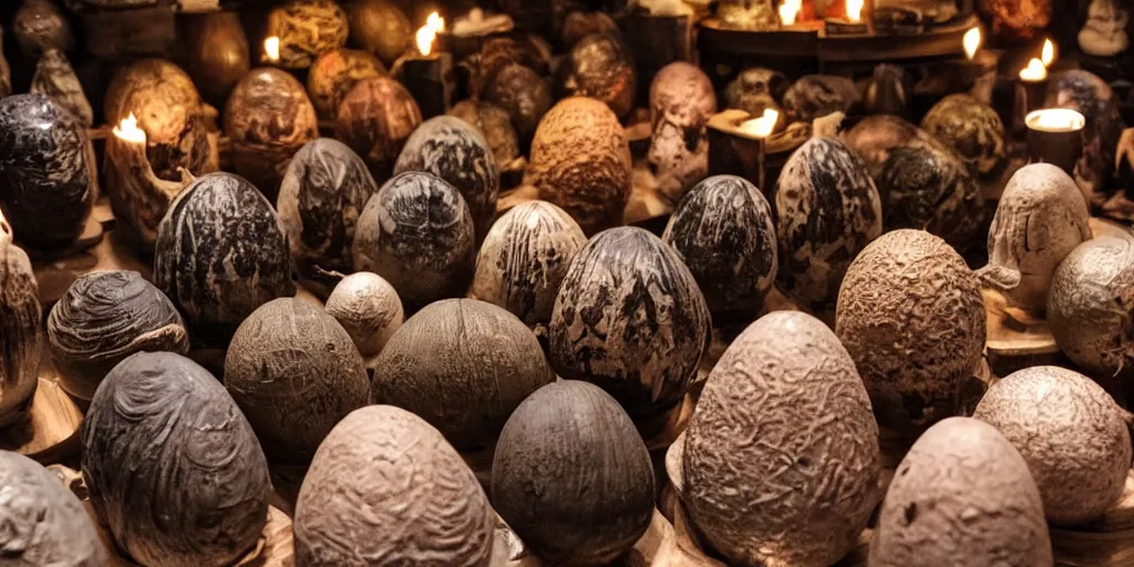 Image similar to a large old wooden cabinet full of extremely detailed scary alien eggs, burning candels in front, beautifull low light