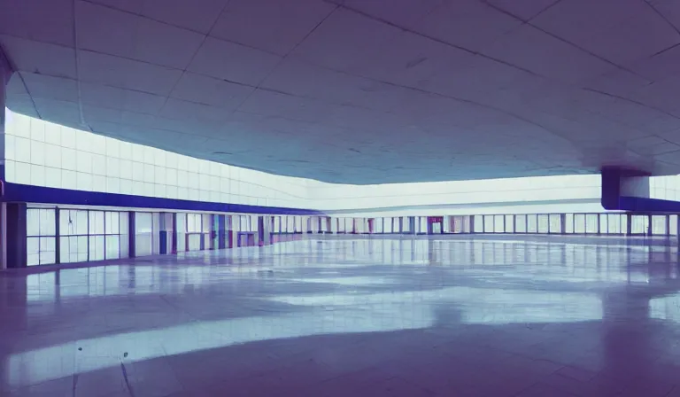 Image similar to a beautiful, sharp focus, clean lines. the interior of a vast deserted 1 9 8 0's shopping mall. vaporwave ombre rendering. outrun style. trending on artstation. recommended for you behance. wes anderson colors. by chris moore. by edward hopper. ambient occlusion. digital matte painting. metropolis filmic. gotham city.