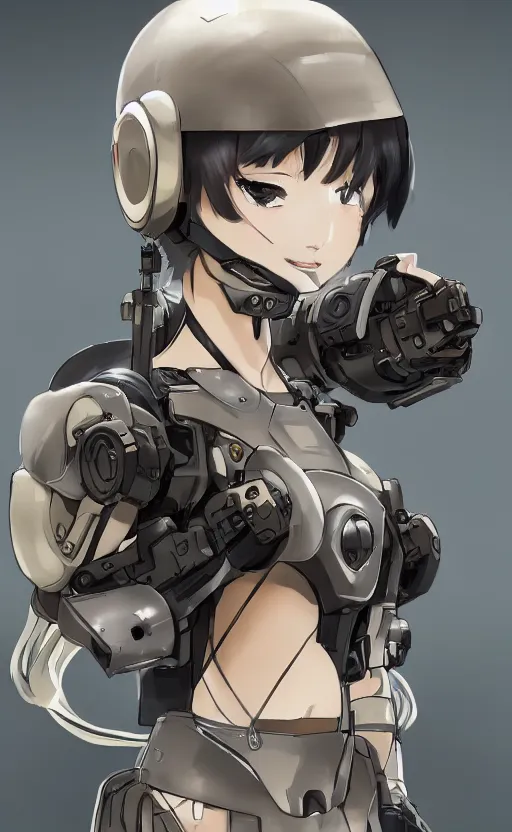 Image similar to a girl, fused mecha parts, soldier clothing, combat helmet, anime style, short hair, hair down, symmetrical facial features, from arknights, hyper realistic, 4 k, rule of thirds, extreme detail, detailed drawing, trending artstation, hd, d & d, realistic lighting, by alphonse mucha, greg rutkowski, sharp focus, backlit