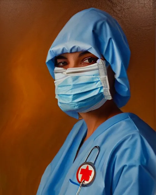 Image similar to oil painting portrait of anthropomorphic female fox animal dressed in labcoat, surgical mask covering mouth, with syringe, fox animal, hospital in background, oil painting,