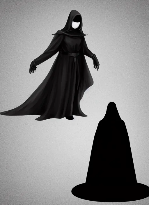 Prompt: character design, black cloaked figure, white glowing eyes