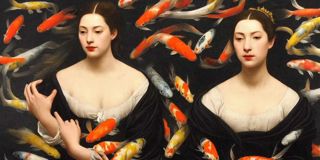 Image similar to beautiful oil matte portrait painting, woman surrounded by multiple koi fishes, wonderful masterpiece highly detailed, beautiful cinematic light deep focus, elegant, digital painting, smooth, sharp focus, golden ratio, dramatic illumination, ultra realistic, 8 k, art by artemisia lomi gentileschi and caravaggio