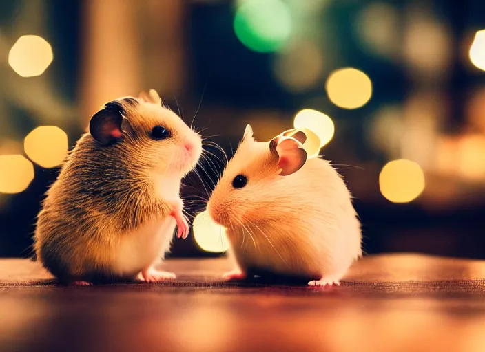 Image similar to photo of a hamsters on a date, kissing, at night, romantic, faded colors, candlelit restaurant table, cinematic color grading, various poses, soft light, centered, sharp focus, 8 k