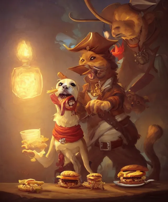 Image similar to a portrait of an anthropomorphic pirate dog eating hamburgers, standing in a restaurant surrounded by cats!, cute and adorable, dnd character art portrait, well rendered matte fantasy painting, deviantart artstation, by jason felix by steve argyle by tyler jacobson by peter mohrbacher, cinematic lighting