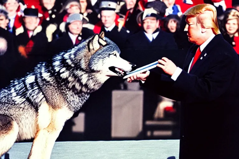 Prompt: photo of the usa presidential inauguration, a wolf fursuiter being inaugurated as president