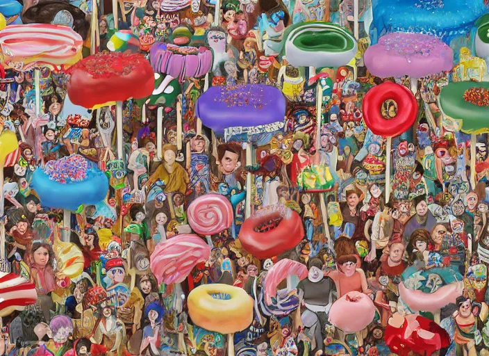 Image similar to where's waldo, lollipops and donuts, lowbrow, matte painting, 3 - d highly detailed, in the styles of lilla alvarado, camille rose garcia