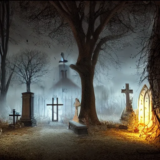 Image similar to ghosts in an old church yard cemetery, night time low light, spooky and scary atmosphere, artstation flames from church windows,