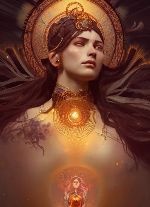 Image similar to Divine cosmic female power, glyphs, magic, artstation, cgsociety, very detailed, intricate, detailed illustration, by artgerm and greg rutkowski and alphonse mucha, octane render, unreal engine, hyperrealism