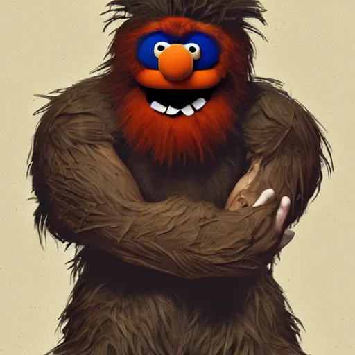 Image similar to a still of a forgotten muppet character looking very manly and modern, hilarious, laughing, hairy chest, huge chin, manly monster tough guy, roughled fur, photo real, photographic, photograph, artstation, trending, featured