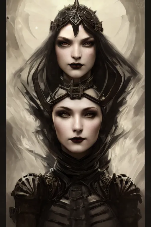 Image similar to beautiful and gothic and evil and dieselpunk young medieval female knight portrait +smoky eyes+front face with light flowing hair, ultradetail face, art and illustration by tian zi and craig mullins and WLOP and alphonse mucha, fantasy, intricate complexity, human structure, human anatomy, fantasy character concept, watermark, blurry, hyperrealism 8k