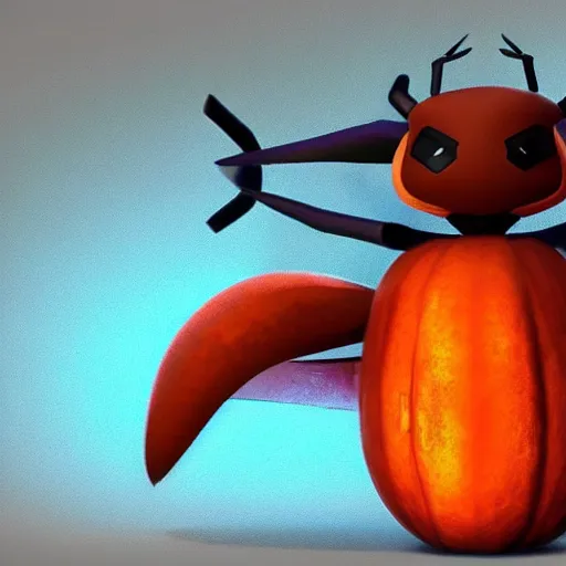 Image similar to A pokemon that looks like The flying beetle,The Crust is pumpkin,Trending on art station. Unreal engine.