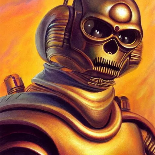 Prompt: ultra realistic portrait painting of skeletor as c 3 po, art by frank frazetta, 4 k, ultra realistic, highly detailed, epic lighting