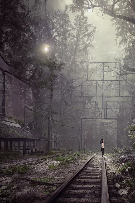 Prompt: Girl standing on the left at the old train station looking forward to the train, old train heading to station with lights on, dense creepy forest with a lot of detail, the tracks covered with vegetation, highly detailed, matte painting, 4k, 8k resolution, trending on artstation, octane render, unreal engine, cinematic