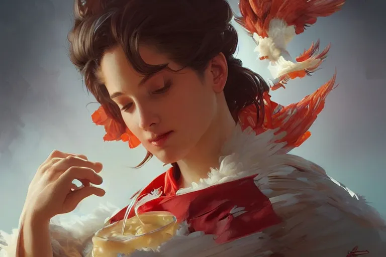 Image similar to kfc chicken, portrait, elegant, intricate, digital painting, artstation, concept art, smooth, sharp focus, illustration, art by artgerm and greg rutkowski and alphonse mucha