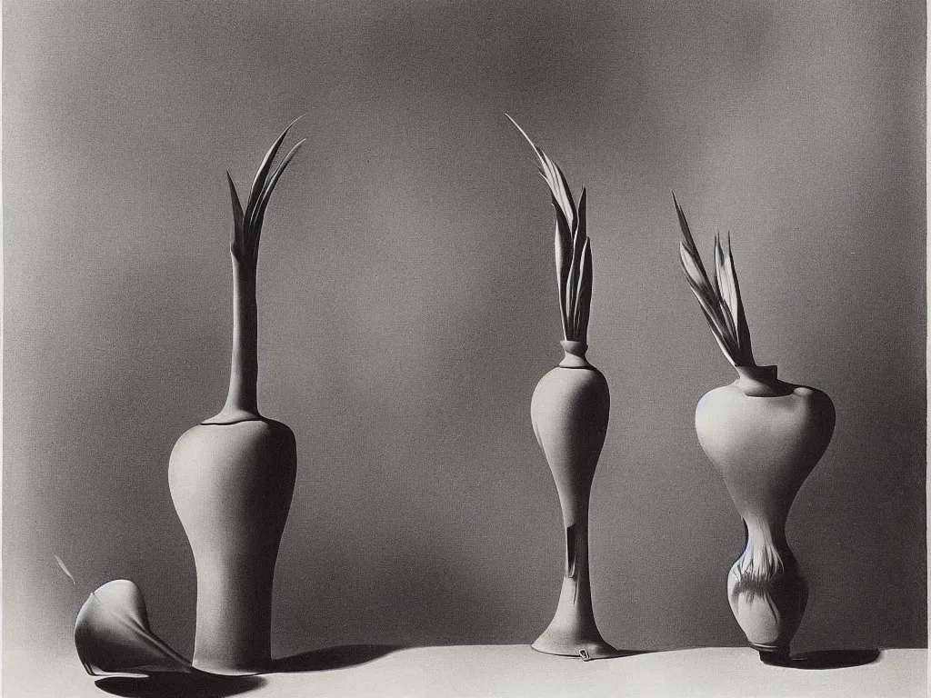 Prompt: flaming gothic vase, pot, jug in the shape of a iris flower. karl blossfeldt, salvador dali