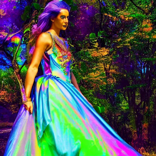 Image similar to Queen of the fae holding court in a sleeveless iridescent gown, intricate, colorful, 4k