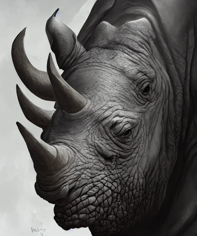 Image similar to A beautiful portrait of an anthropomorphic rhino wearing paladin armor, front facing!!, character design, by Tooth Wu and greg rutkowski and artgerm, hyper realism, high detail, trending on artstation, unreal engine 5, Lumen, 8k, 38mm photography