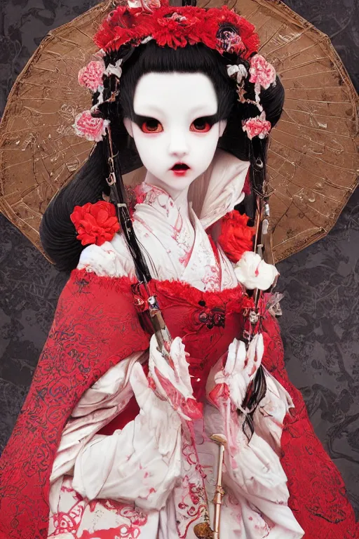 Image similar to album cover of an avant - garde japanese bjd geisha vampire queen with porcelain skin in victorian red dress in the style of dark - fantasy lolita fashion painted by yoshitaka amano, takato yamamoto, christopher shy, dmt art, symmetrical vogue face portrait, intricate detail, artstation, cgsociety, artgerm, gold skulls, rococo