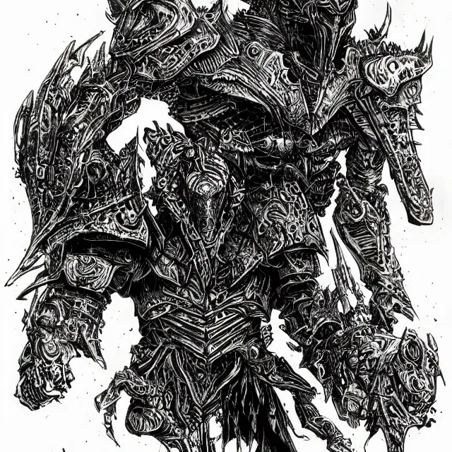 Prompt: black micron pen illustration, The Chaos Knight by Ian Miller, white background, artstation, inktober