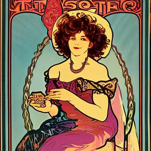 Prompt: a vintage poster with border of a Caucasian fortune teller lady with curly hair, a spread of tarot cards on a table, cats on her side, in a colorful tent, Alphonse Mucha poster ,