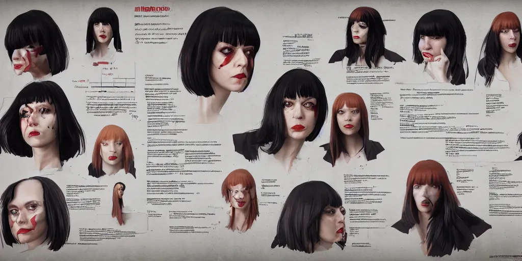 Image similar to mia wallace, character sheet, concept design, contrast, hot toys, kim jung gi, greg rutkowski, zabrocki, karlkka, jayison devadas, trending on artstation, 8 k, ultra wide angle, pincushion lens effect