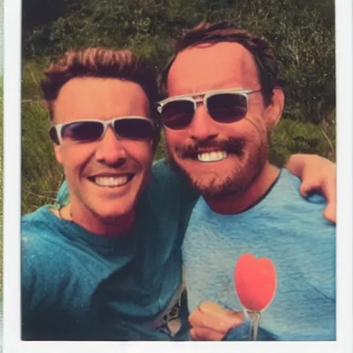 Image similar to polaroid of Homelander and Billy Butcher on holiday having a great time together