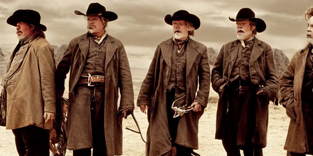 Prompt: Phillip Seymour Hoffman as an old west banker, flanked by Val Kilmer and Henry Fonda as cowboys