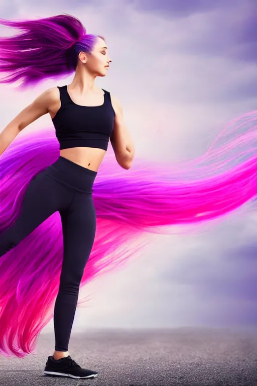 Image similar to a award winning half body shot of a beautiful woman in a croptop and leggings with a ombre purple pink teal hairstyle with head in motion and hair flying, outrun, vaporware, highly detailed, fine detail, intricate