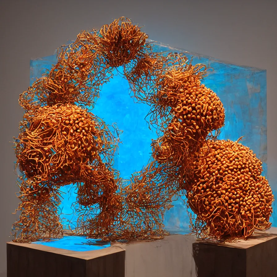 Image similar to hyperrealistic sculpture of a bronze ancient fossilized sea urchin cave fish with opalescent blue and iridescent red spraypaint in a plywood grid cage on a pedestal by ron mueck and duane hanson and lee bontecou, hyperrealistic dramatic colored lighting trending on artstation 8 k