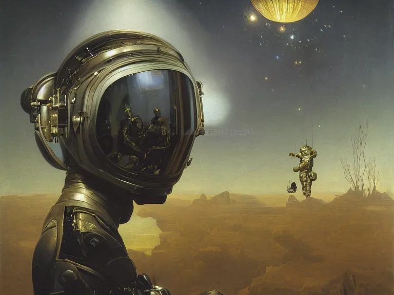 Image similar to a detailed profile oil painting of an explorer in a spacesuit with reflective helmet, flight suit, portrait symmetrical and science fiction theme with aurora lighting by beksinski carl spitzweg and tuomas korpi. baroque elements, full-length view. baroque element. intricate artwork by caravaggio. Trending on artstation. 8k