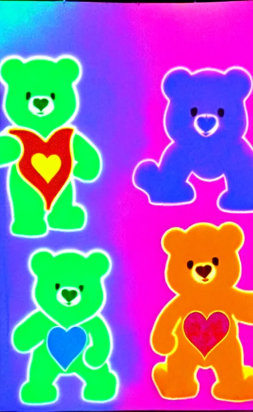 Image similar to care bears at woodstock concert blacklight style