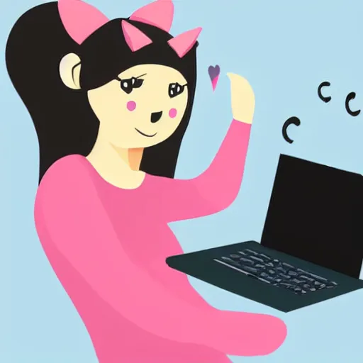Prompt: cute woman wearing tank top and cat ears plays on computer, digital art